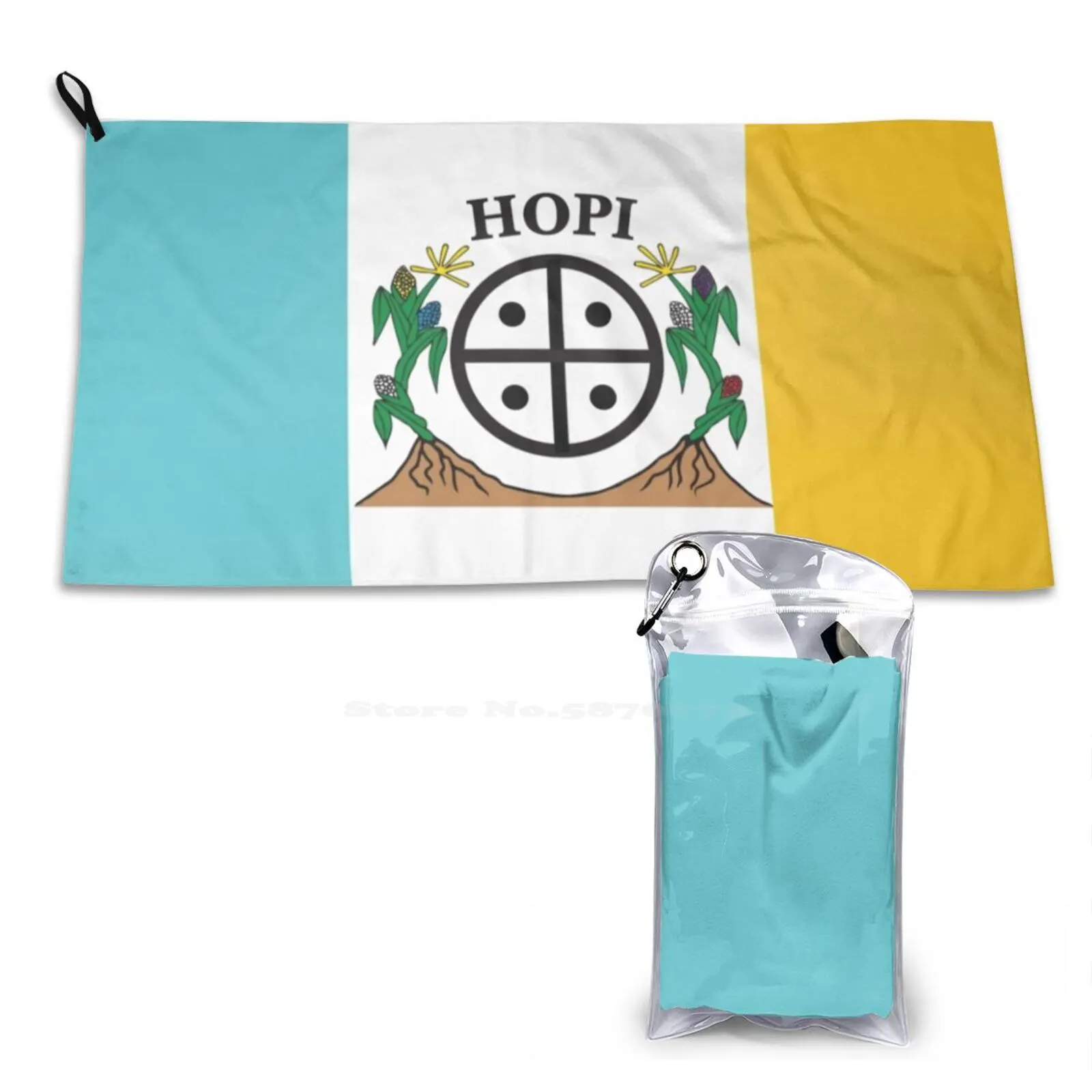 Hopi Nation Flag Naatoyla Tricolour White Yellow Turquoise With Corn And Hopi Symbol Hd High Quality Microfiber Quick Dry Towel