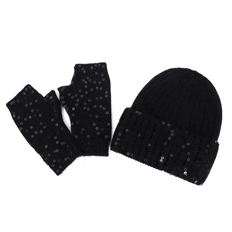 Hat Gloves Set Women Winter Beanie Angora Knit Sequins Warm Soft Skiing Accessory For Autumn Cold Weather Outdoors Sports