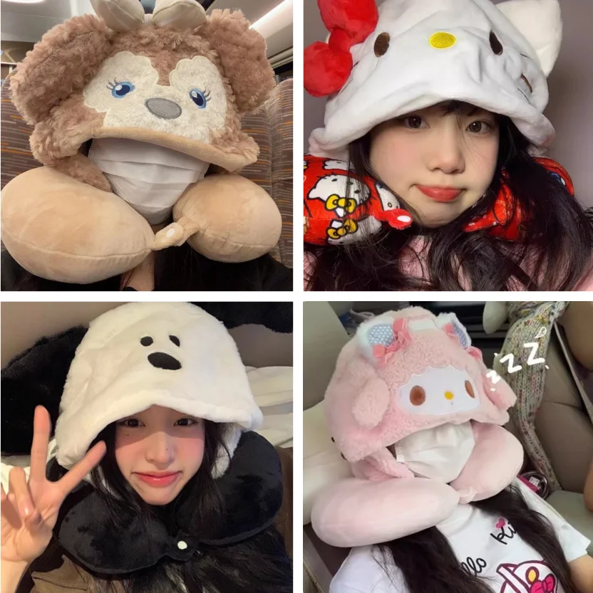 Disney Dumbo Stitch Hooded U-shaped Pillow Sanrio Hello Kitty my melody Kuromi Snoopy Neck Pillow with Hat Napping Pillow Gift