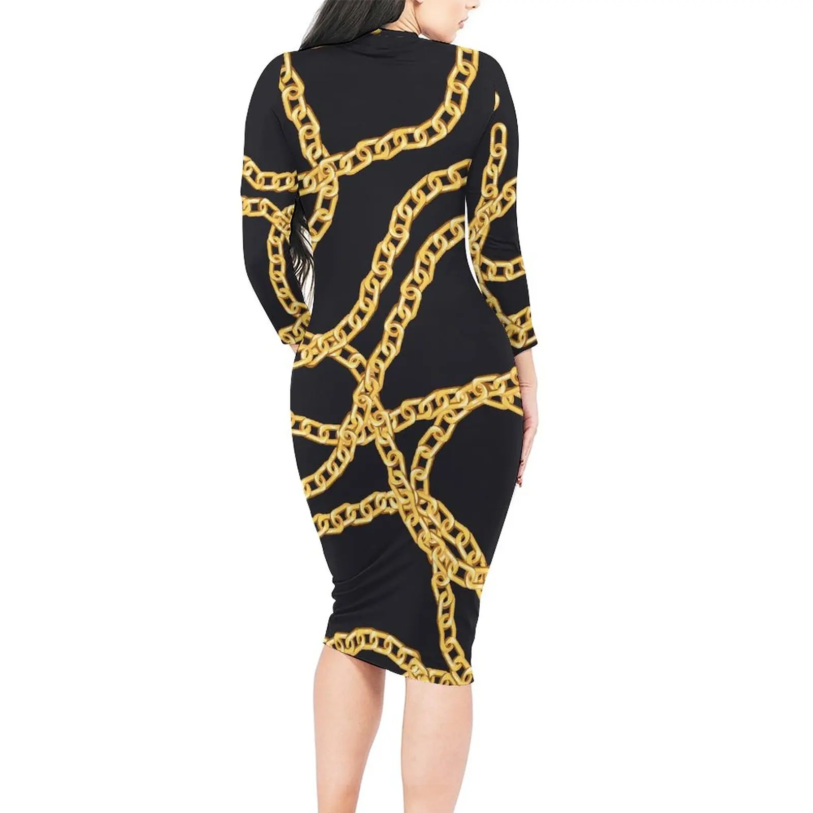 Golden Chain Dress Long Sleeve Links Print Korean Fashion Dresses Autumn Sexy Bodycon Dress Women Graphic Oversized Vestido