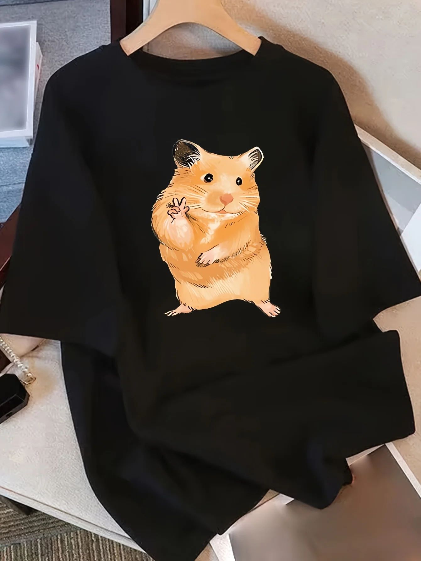 Women's Cute Hamster Graphic T-Shirt Casual Crew Neck Short Sleeve T-Shirt Summer Series Hamster Gift Graphic T Shirts Summer