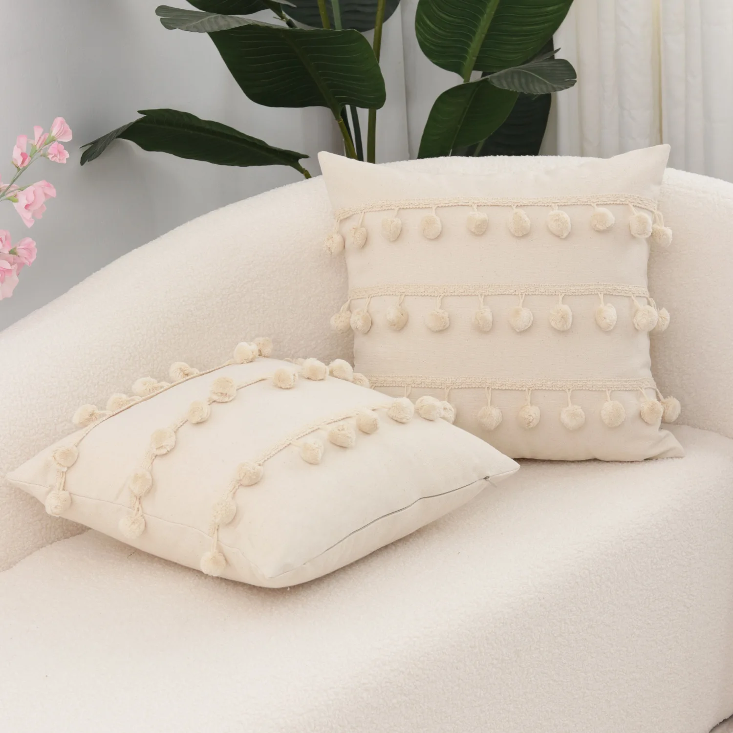 Bohemian Macrame Pillow Cover with Tassels | Handmade Knitted Boho Cushion Cover for Sofa Bedroom Decor | 18x18 Inch