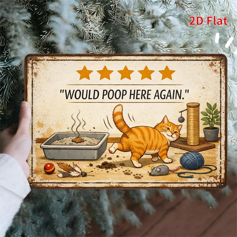 Vintage Would Poop Here Again 5 Star Cat Litter Box Metal Sign, Funny Orange Cat Wall Decor, Humorous Pet Lover Plaque for Home