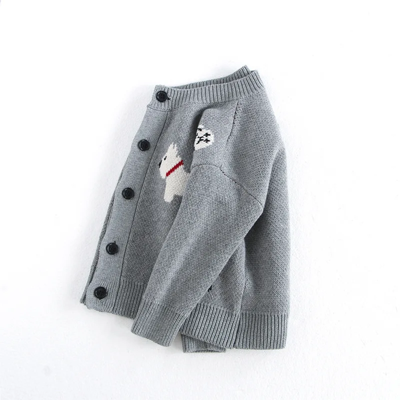 MiniAinis Autumn Winter New Girls Knitted Cute Dog Pattern Sweater Coat Girls Grey Long Sleeve O-neck Cotton Jacket Clothes