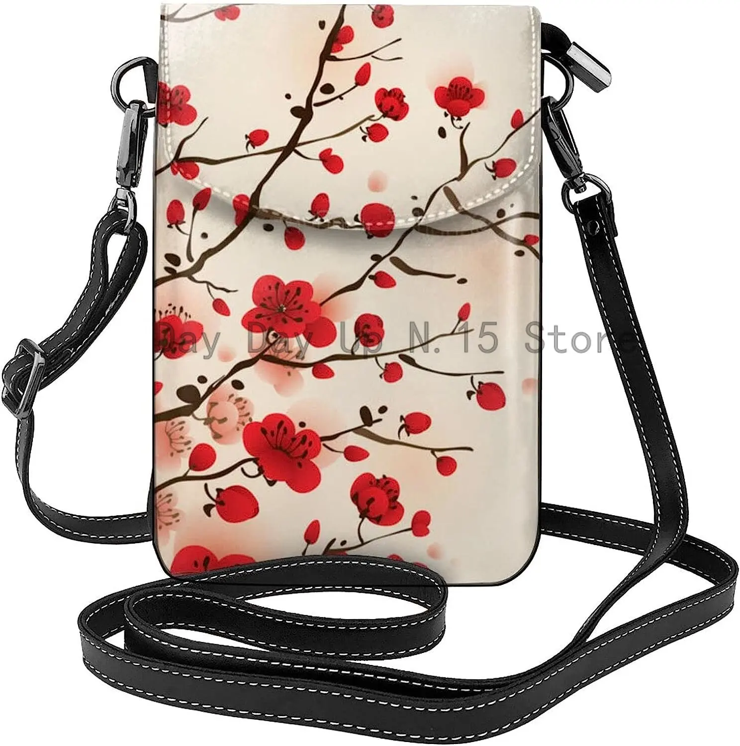 Small Crossbody Bags For Women Red Cherry Blossom Flower Vintage Leather Cell Phone Wallet Purse