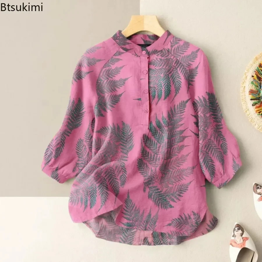 New 2025 Women's Cotton Linen Blouse Vintage Leaf Print Half Button O-neck Pullover Tops Elegant Ladies Loose Casual Tunic Shirt