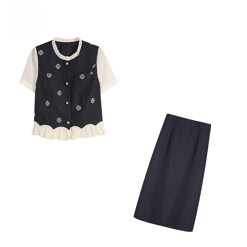 

Olive Green Top Long Skirt Two-Piece Set High Waist Polyester Fiber Summer Fashion plus Size Women's Ensemble Regular Thickness