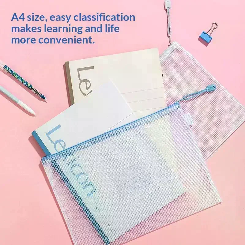 A4 Mesh Zipper Pouches Set-Waterproof Plastic Clear Document Bags, Multipurpose Zip Storage Bags for Office Supplies