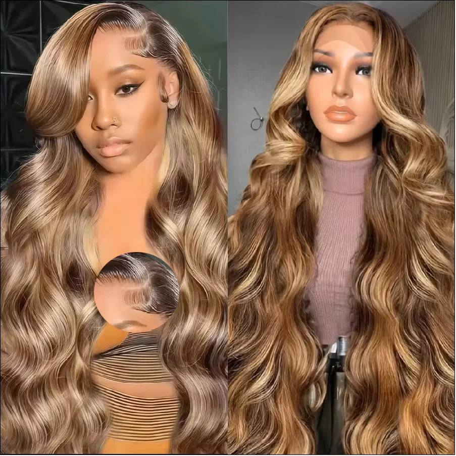 

13x6 Hd Lace Frontal Human Hair Wig 200% Density P4/27 Highlight Wig 36 Inch Body Wave Lace Front Human Hair Wigs Pre Plucked
