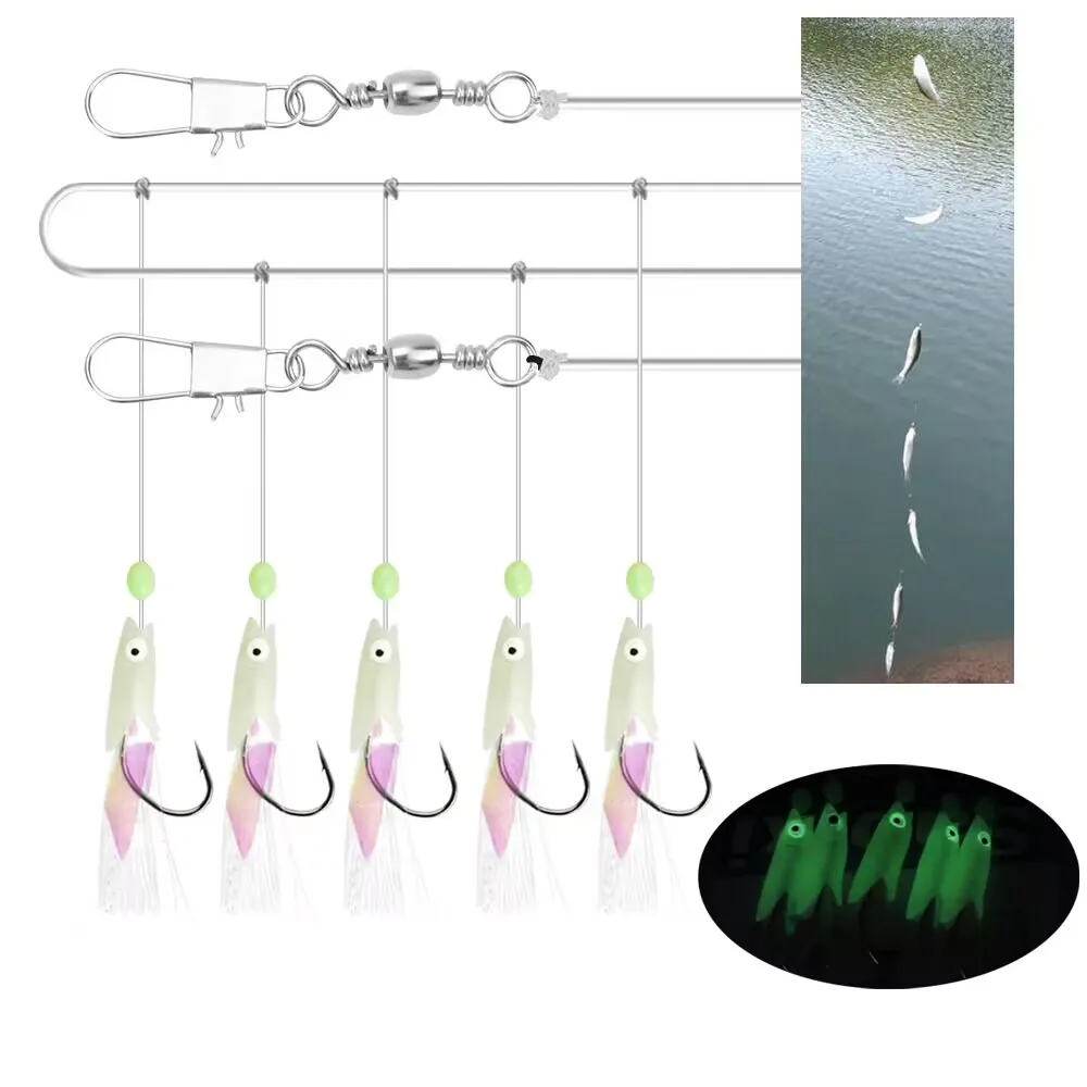 1 Set 5-Hooks Sabiki Rigs Saltwater Fishing Lures Bait Real Fish Skin String Hook Mackerel Glow in The Dark Flash Sabiki Rigs