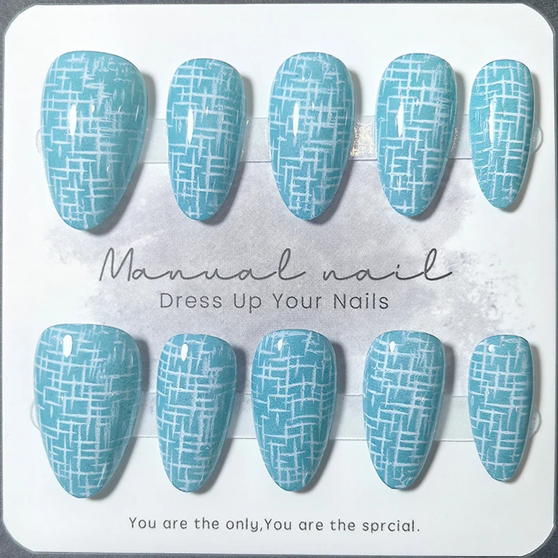10pcs Almond Handmade Press on Nails Coffee Plaid and Blue Plaid Print Acrylic False Nails Glossy Gel Manicure Set for Women