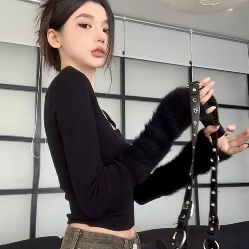 

Women's Sexy Square Neck Fur Long Sleeve Solid Color Slim Short Knitted Sweater