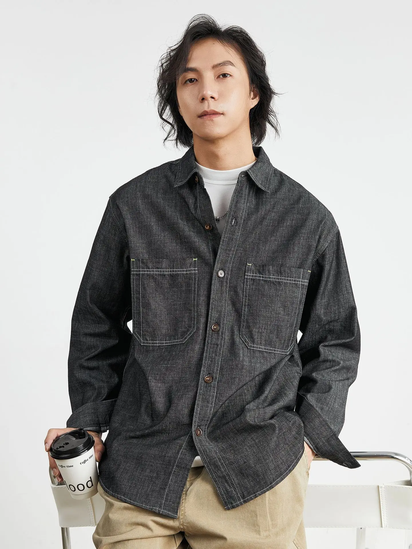 

Yizhi Men's American Retro Denim Long Sleeve Shirt Men's Spring and Autumn New Workwear Style Loose Jacket Men