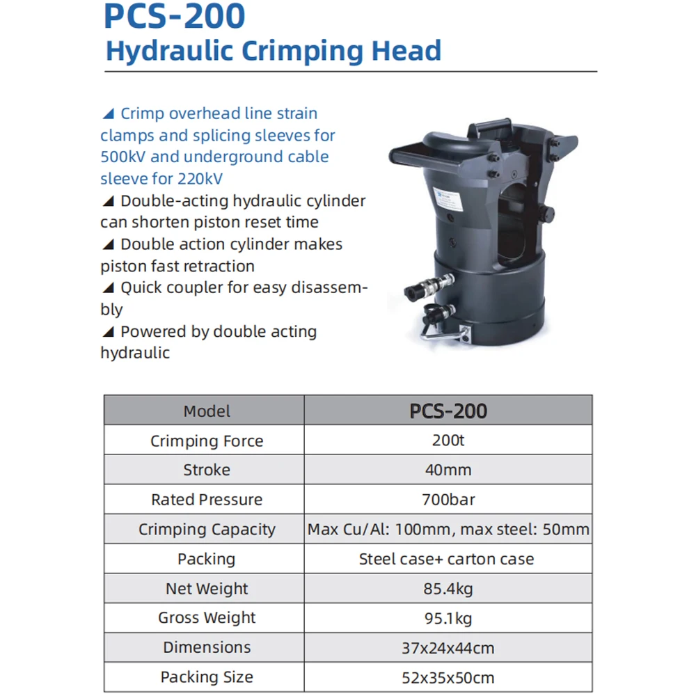 S-200 Hydraulic Crimping Head 200t 700bar 500kV ACSR 220kV Cable Double Acting
