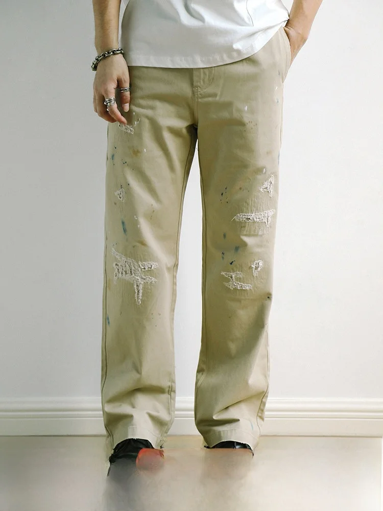 

Свободные повседневные прямые брюки в стиле ретро с брызгами чернил и полой вышивкой в стиле чино, MBBCAR, облегающие длинные брюки