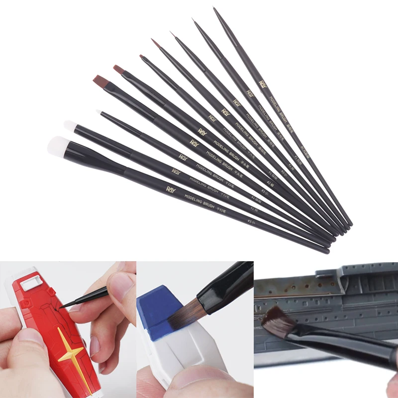 RAY New Modeling Brush Set Fine Point Flat Dry Brush Multi-functional Painting Weathering Tool for Scale Model Figure Hobby Kits