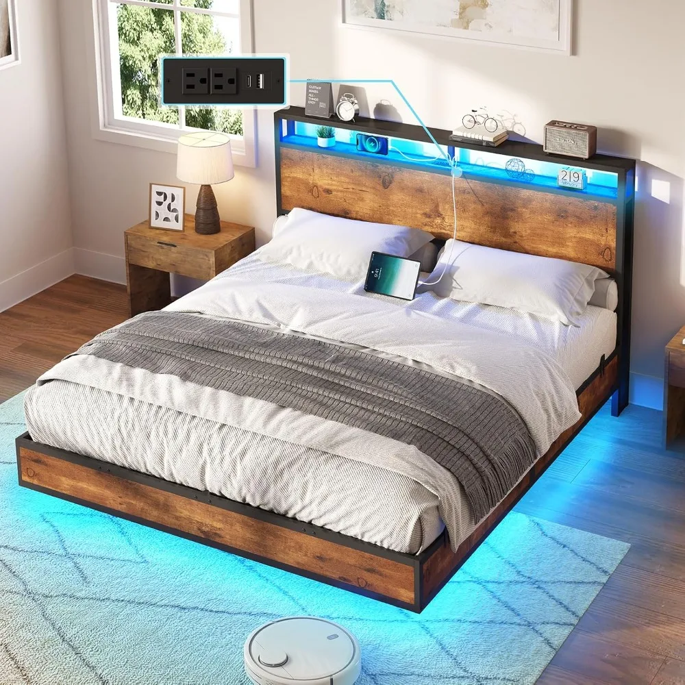 

Queen Size Floating Bed Frame with 2-Tier Storage Headboard, Metal Bed Frame with Charging Station & LED Lights, Customized