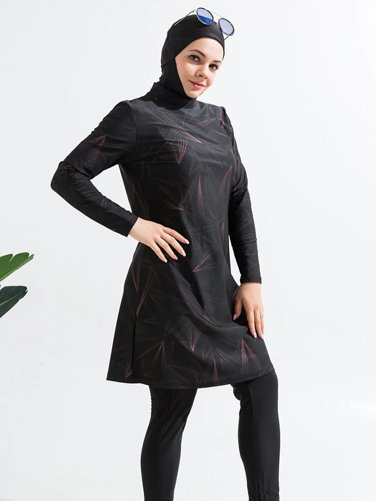 3PCS/Set Muslim Modest Burkini Women Swimwear Swimsuit Bathing Suit Ray Pattern Full Cover Hijab, Top, Pant