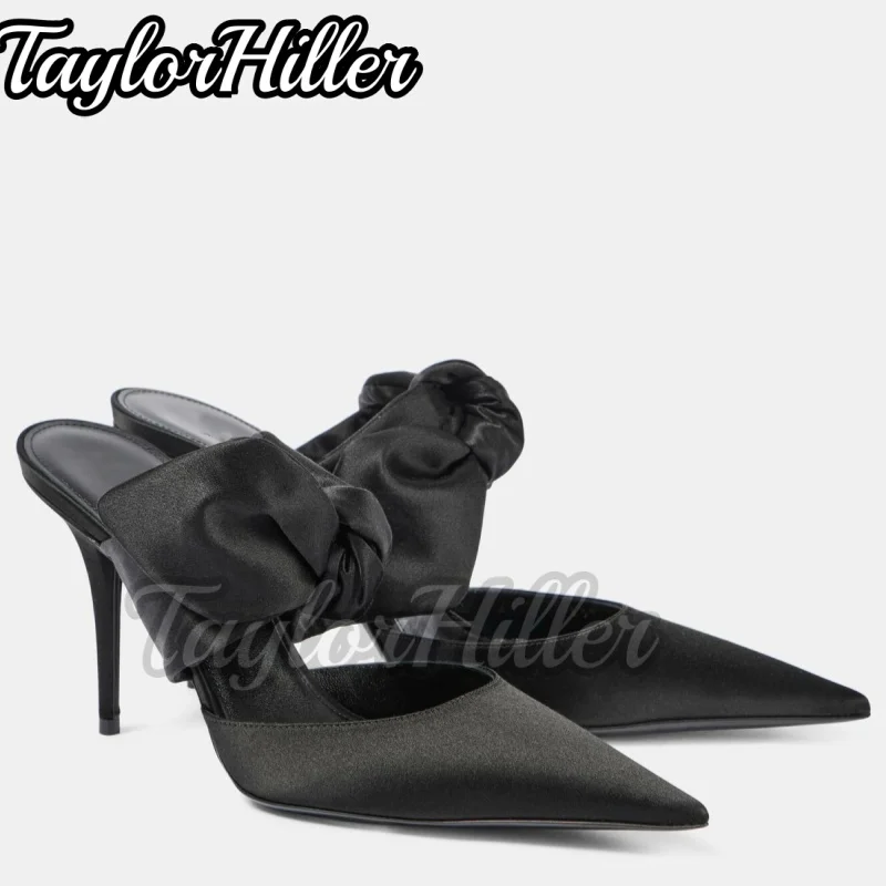 

Винтажные босоножки-мулы с узлом-бабочкой, атласные женские туфли без шнуровки с острым носком на высоком каблуке-шпильке, роскошная дизайнерская обувь на мелком каблуке, новинка лета