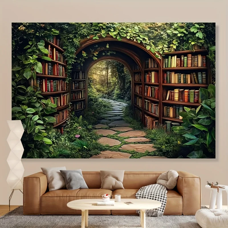 VIKAMAMagic Forest Library Theme Wandteppich, Wohnzimmer, Sofa, Hintergrund, Wanddekoration, Raumdekoration