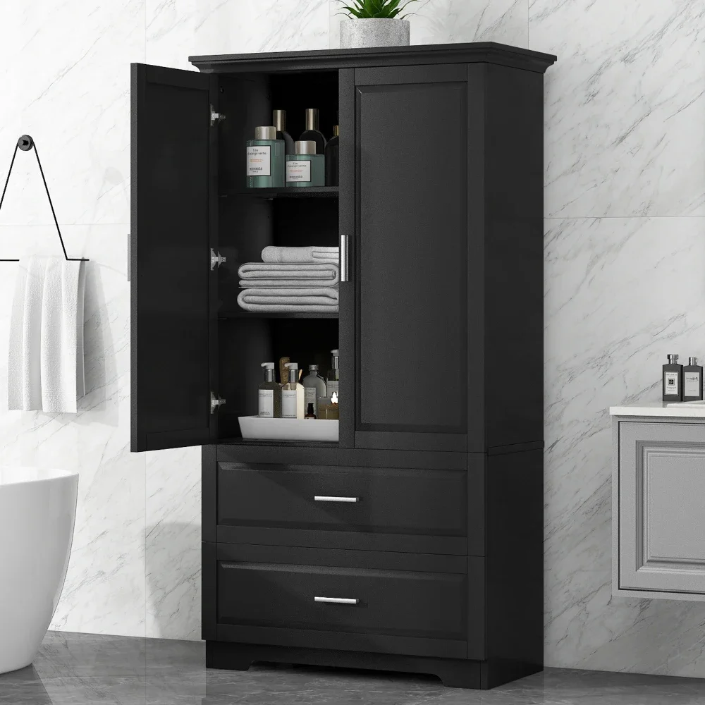 

Tall Bathroom Storage Cabinet, Cabinet With Two Doors And Drawers, Adjustable Shelf, MDF Board, Black
