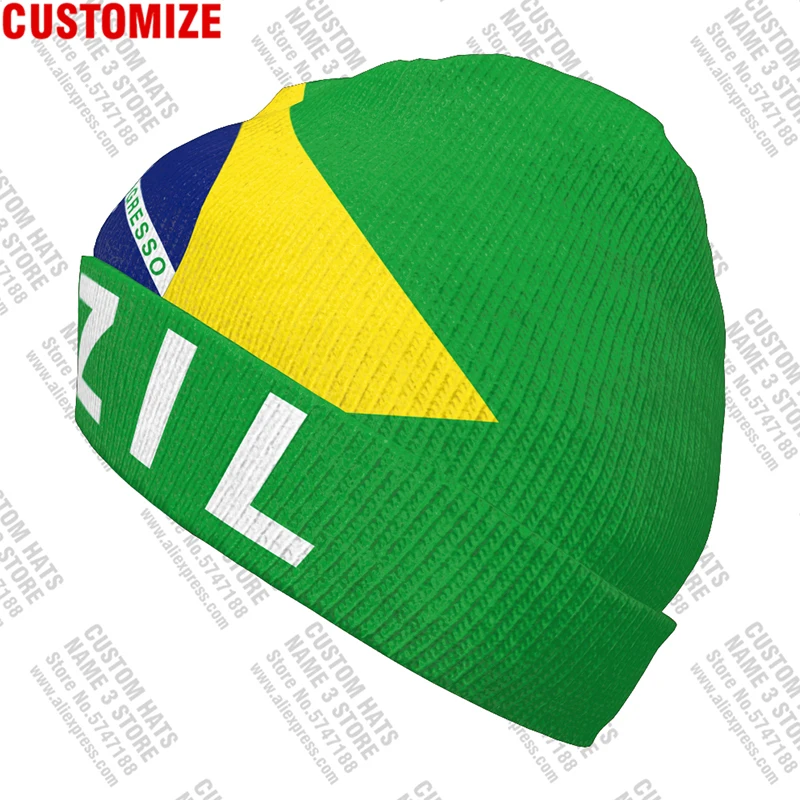 Brazil Knitted Hat Free Custom Name Winter Cold Pullover Portugal Bra Brasil Flag Brazilian Knit Keep Warm Cap Br Hip Hop Beanie