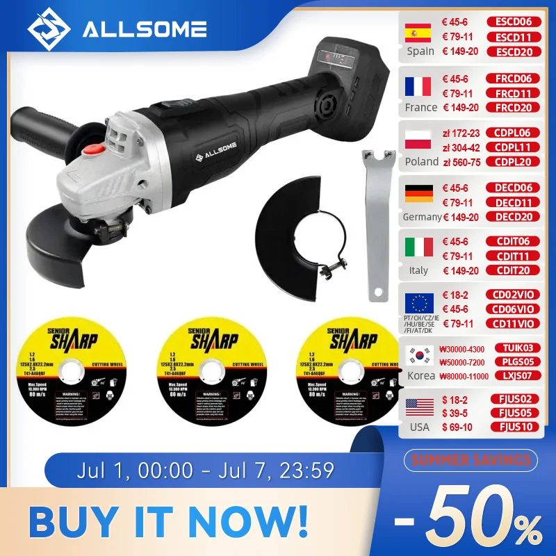 Allsome-Rebarbadora sem fio sem escova, 18V, 125mm, Somente ferramenta