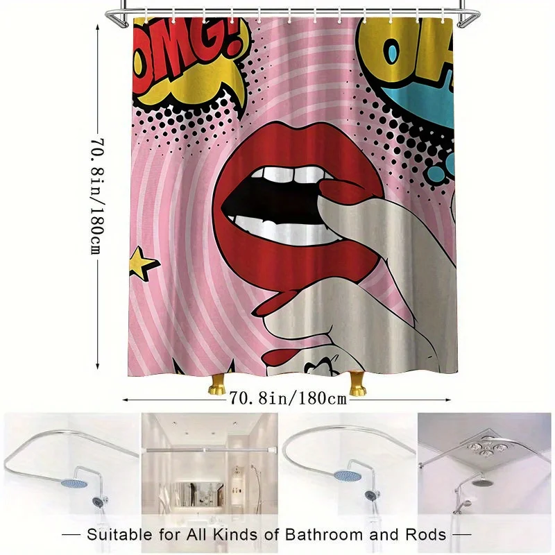 Trendy Pop Art Comic Book Lips Shower Curtain Bathroom Decor Funny Red Mouth Pop Culture Shower Liner for Home Bathing Room
