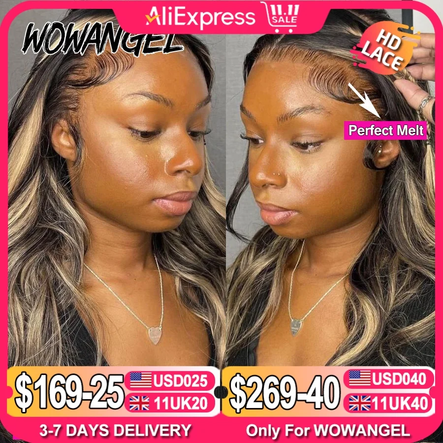 Wow Angel 1B27 Ombre Highlight 13x6 HD Lace Front Wigs Glueless Body Wave Pre plucked Ready to Wear Human Hair Wigs For Woman