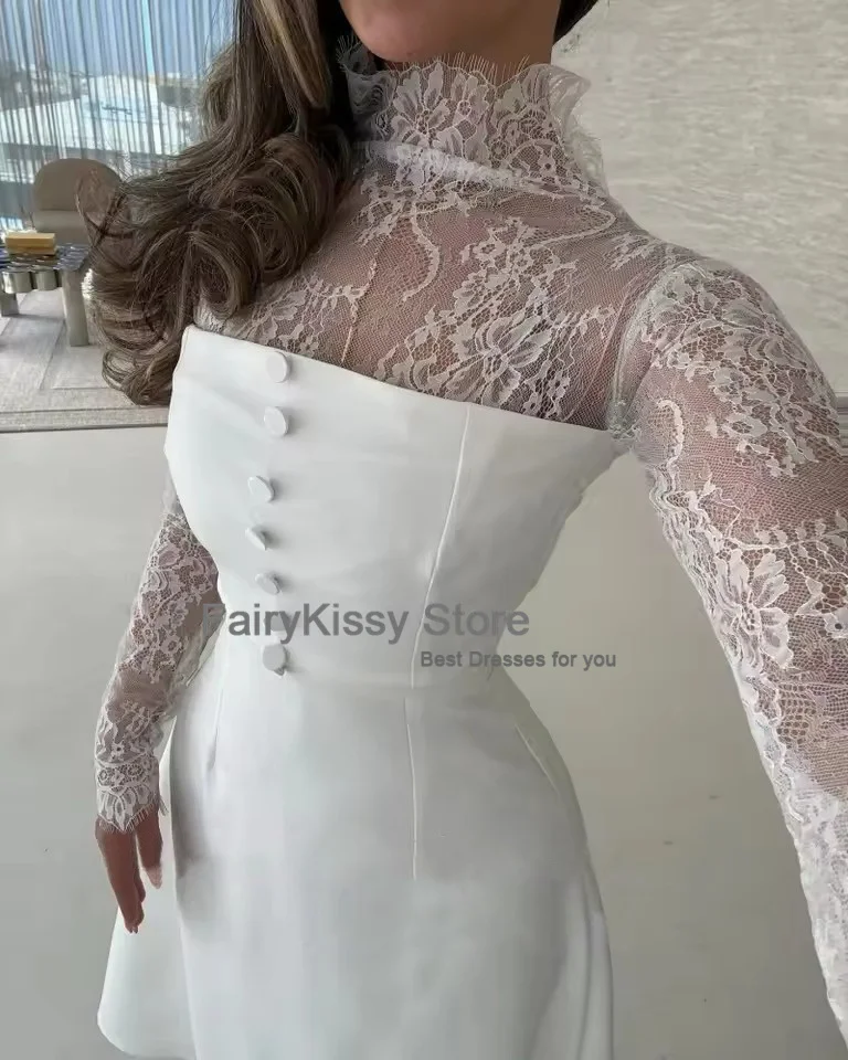 FairyKissy Arabisches kurzes Abendkleid, Stehkragen, Spitze, langes Kleid, maßgeschneidertes, dehnbares Hochzeits-Partykleid, A-Linie, formelles Abendkleid