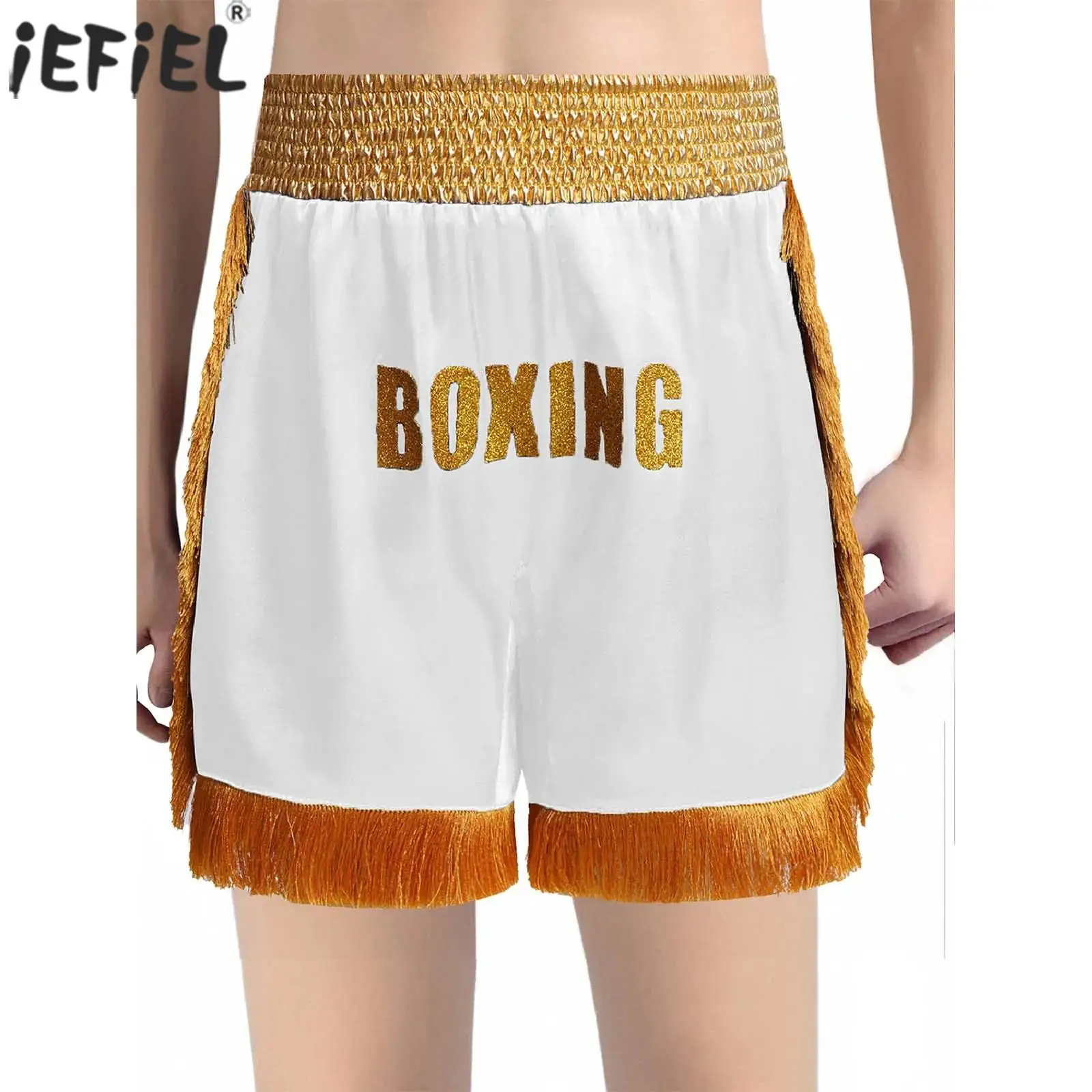 

Boxer Training Shorts Wide Metallic Waistband Side Slit Tassels Satin Shorts for Boxing Performance Competition Shorts