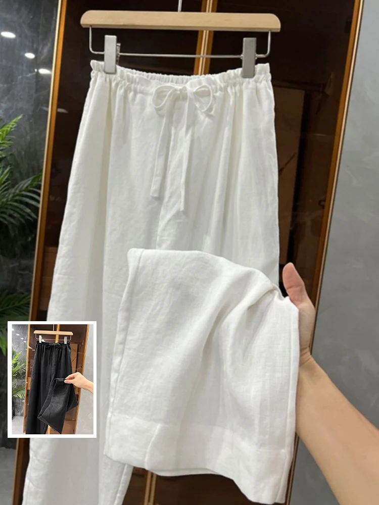 

Широкие хлопковые и льняные повседневные брюки, тонкая модель, свободный крой, летние длинные брюки для женщин больших размеров, художественные поездки на работу