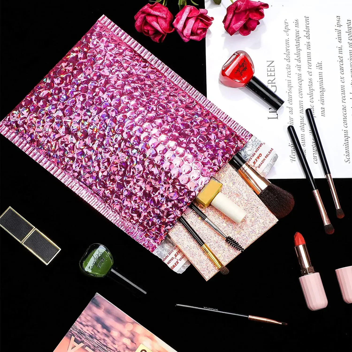 New 50Pcs/Pack Laser Rose Red Packaging Shipping Bubble Mailer Gold Foil Plastic Padded Envelopes Gift Bag Mailing Envelope Bag