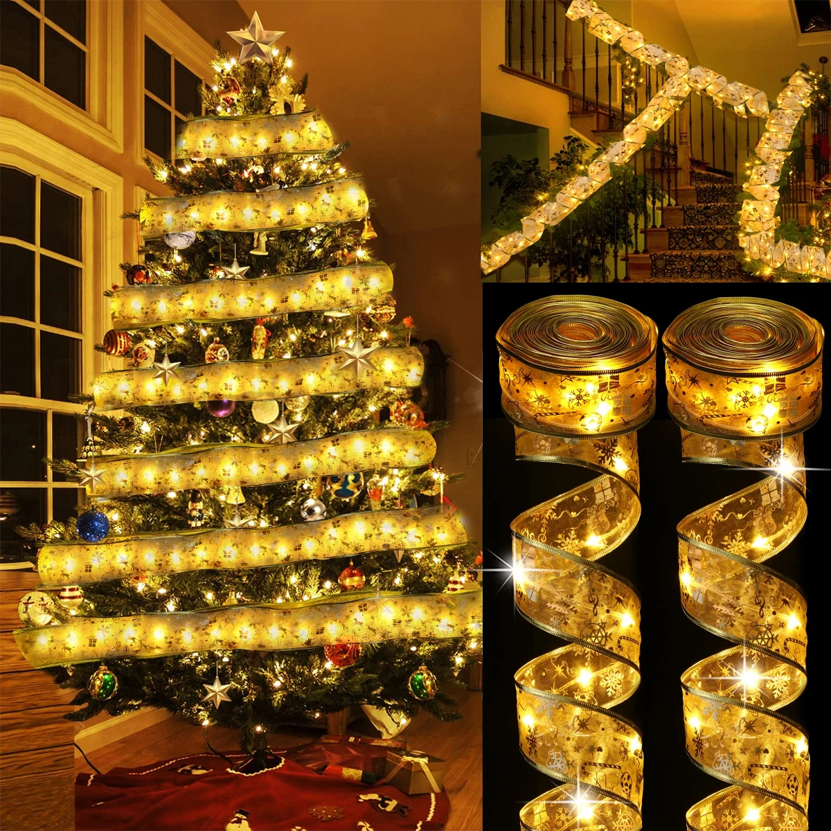 Christmas Ribbon Fairy Light Merry Christmas Decorations For Home 2024 Xmas Tree Ornaments String Lights Navidad Natal New Year