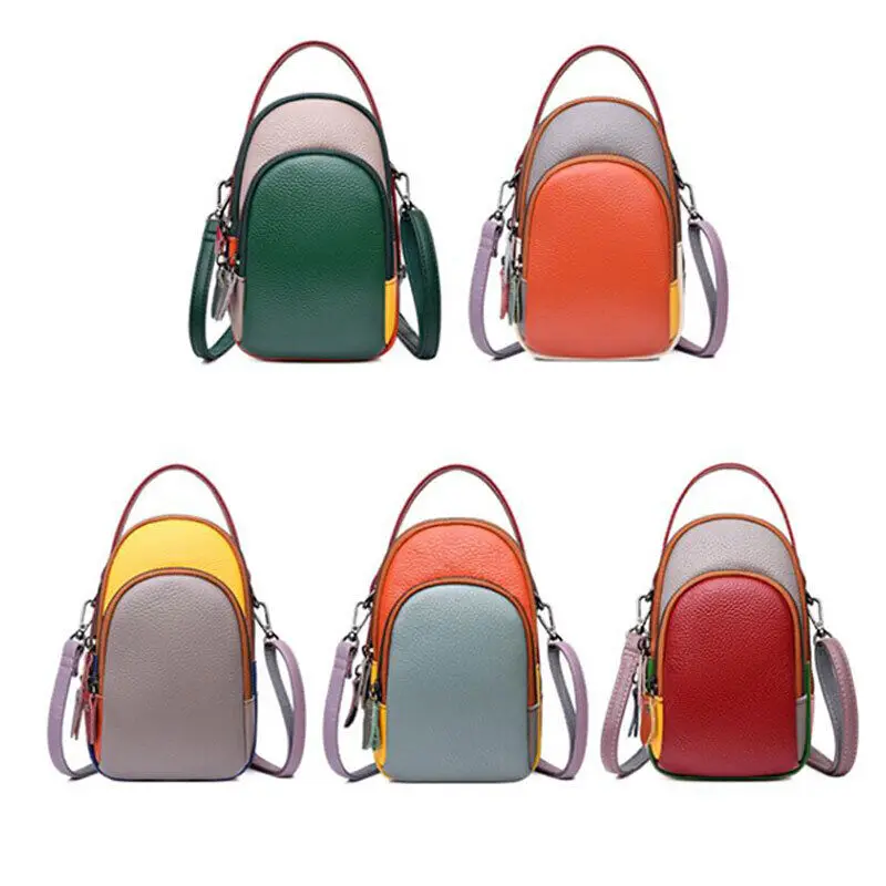المرأة الصغيرة جلد طبيعي حقيبة الهاتف الحقيبة التباين اللون الكتف حقيبة كروسبودي الإناث محفظة جلد البقر حقيبة يد عبر الجسم #5