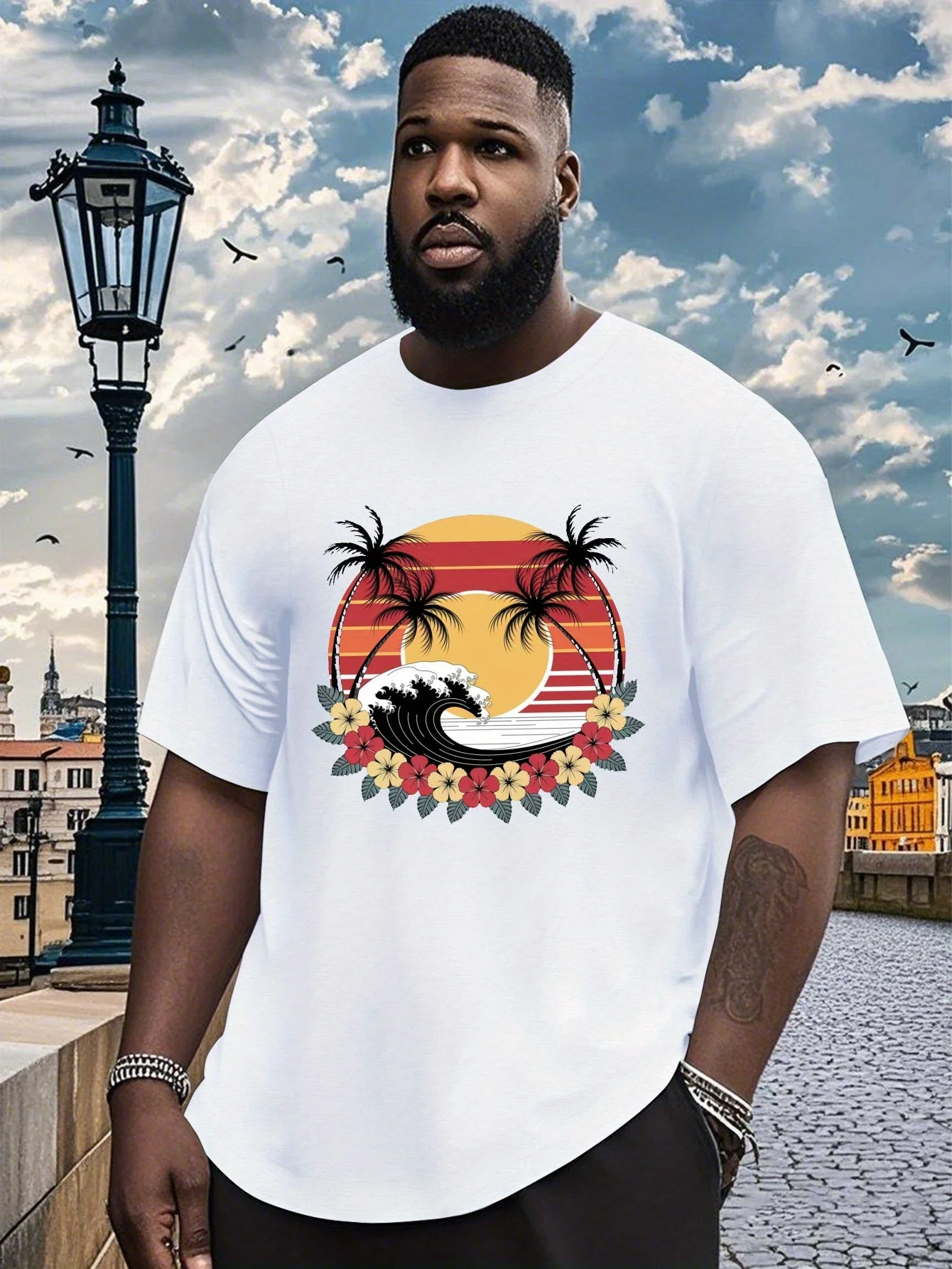 

Мужские футболки Хэллоуин Harajuku Лето 100% хлопок Palm Trees Sunset Футболка с короткими рукавами Daily Crewneck