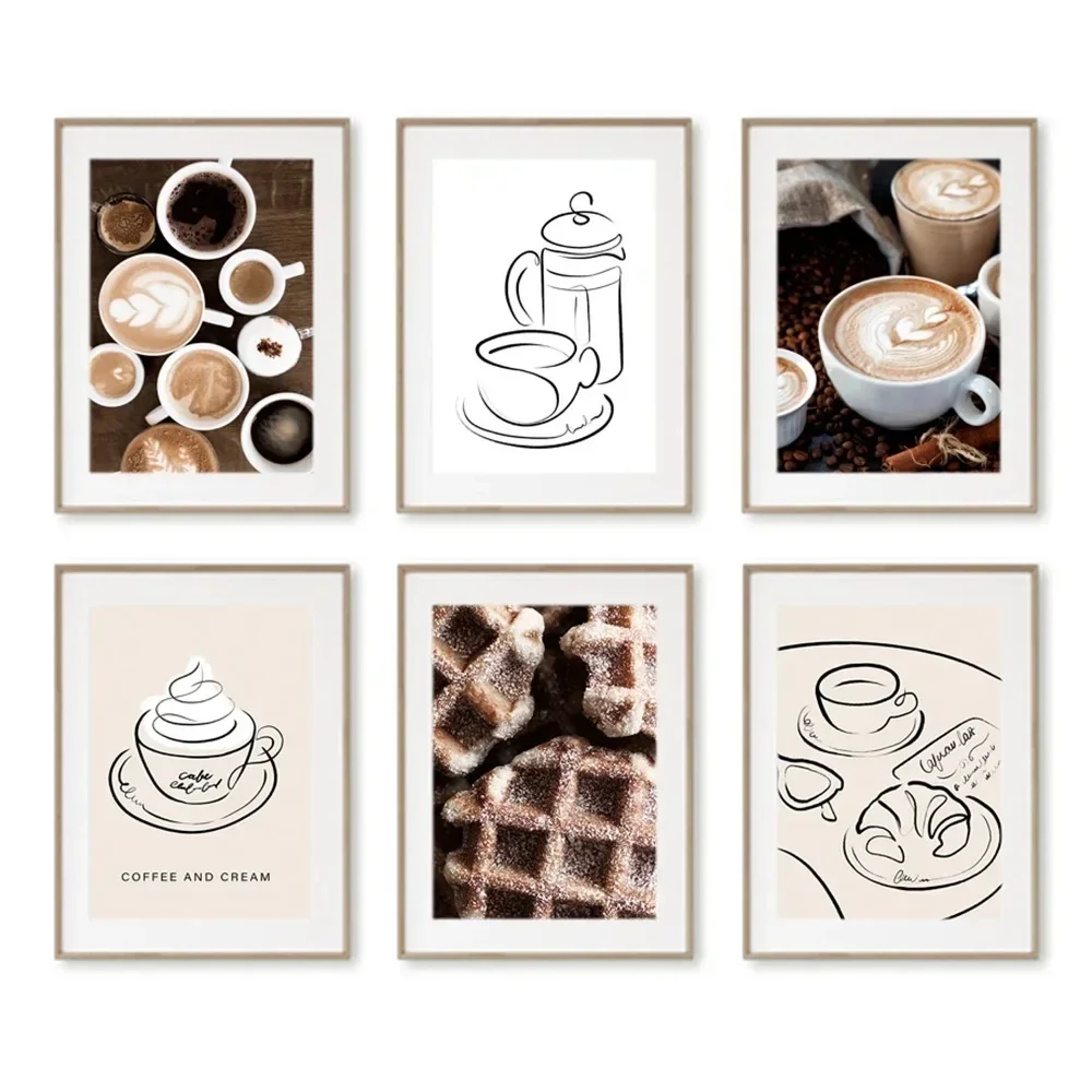 (No frame)Pósteres e impresiones de galletas con líneas de croissant y café con leche vintage, pintura en lienzo, imágenes ar