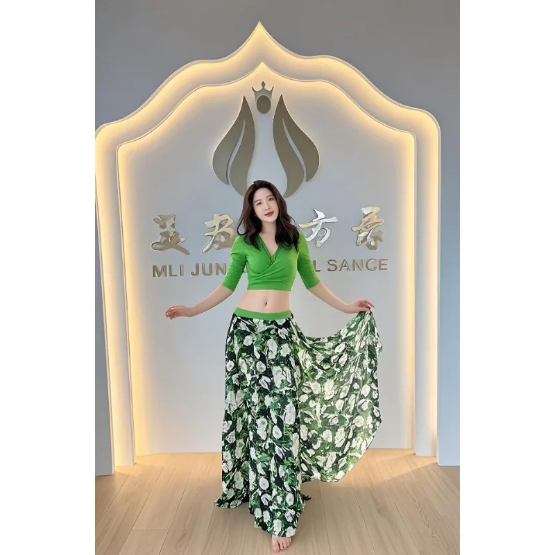 customized belly dance costumes practice suit set tied top green printed chiffon large swing skirt Oriental dance large size