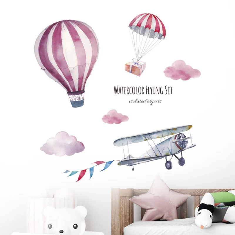 

New Cartoon Hot Air Balloon Airplane Self-Adhesive Wall Sticker, Kids Baby Bedroom Wall Decor Decal