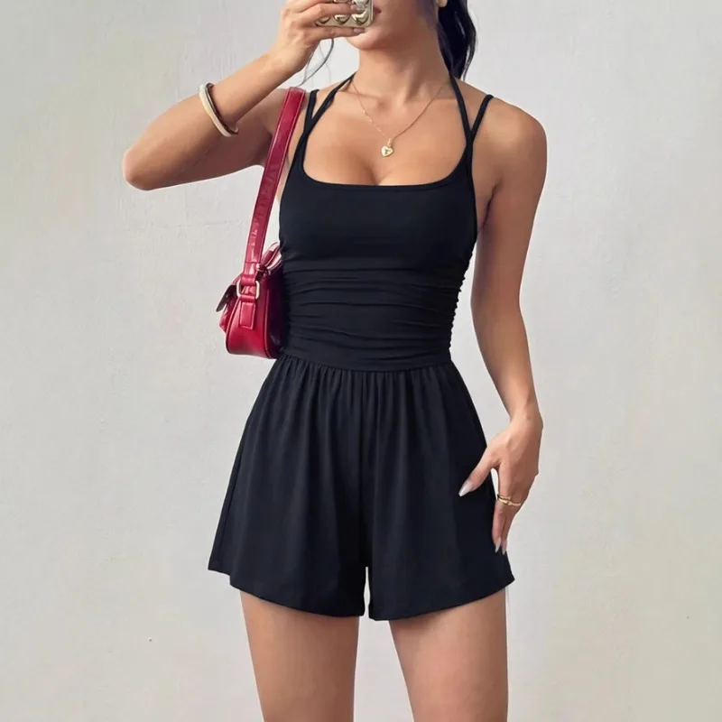 Casual Style Women Summer Ruched Spaghetti Strap Backless Wide Leg Romper Daily Vacation Wear S-5XL