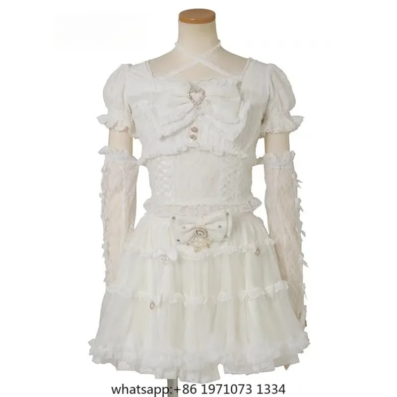 Japanese Sweet Heavy Industry Splicing Sleeve Strap Lace Bow Lace Shirt Summer Autumn New Elastic Slim Long-sleeve Tshirt Top