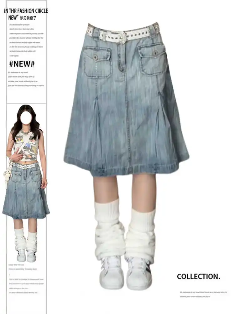 Summer Women Japanese Y2k 2000s Aesthetic A-line Midi Denim Skirt Korean Fashion Kpop Gyaru Jean Skirt Goblin Core Harajuku New