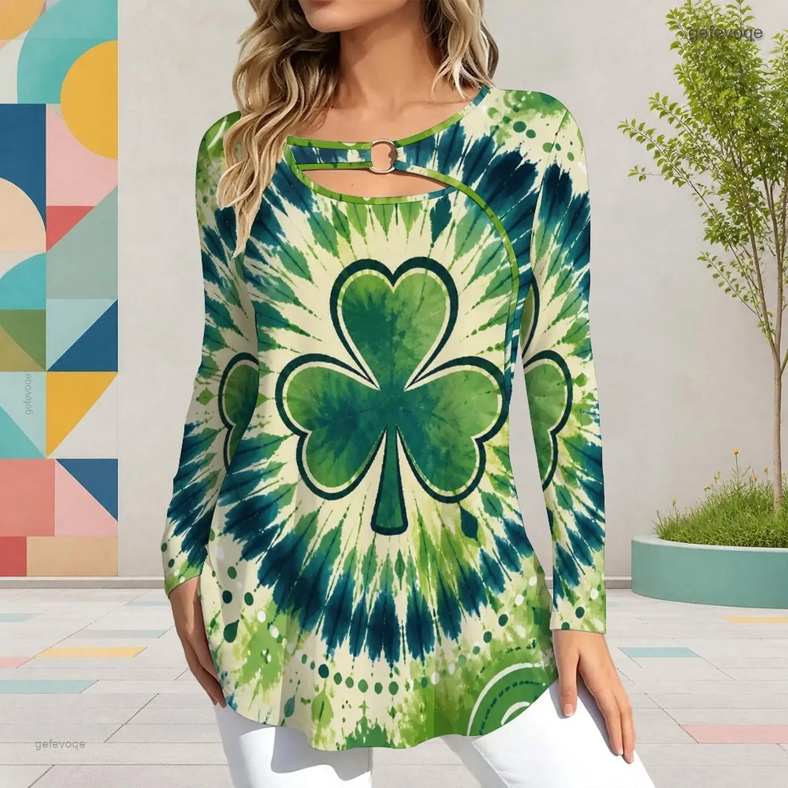 Women Top with Print Keyhole Ring Neck Long Sleeve Flared Hem