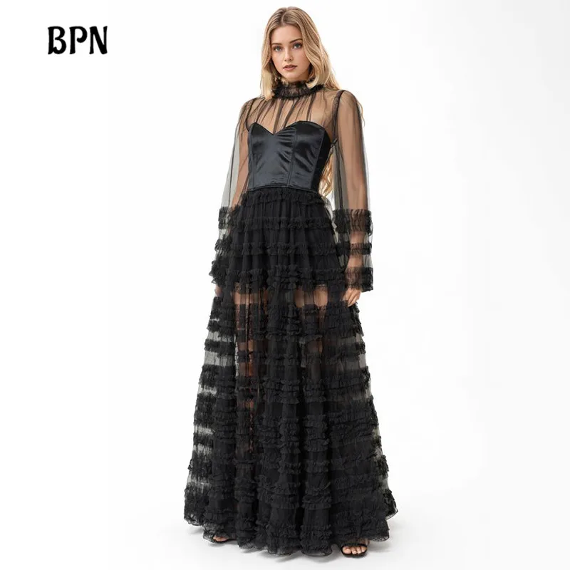 

BPN Temperament Solid Party Dresses For Women Round Neck Long Sleeve High Waist A Line Elegant Dress Female Fashion Clothing New