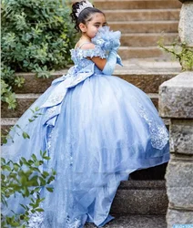 Vestido de lujo de flores azul claro para niñas, para bodas, apliques con lazo, fiesta de graduación de cumpleaños, evento Formal, vestido de comunión