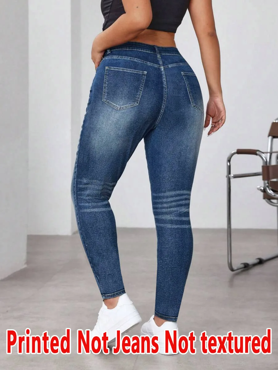 2361 Women's Non-Leather Denim Fabric Tight Pants Printed Base Layer Pants Wearable All Seasons