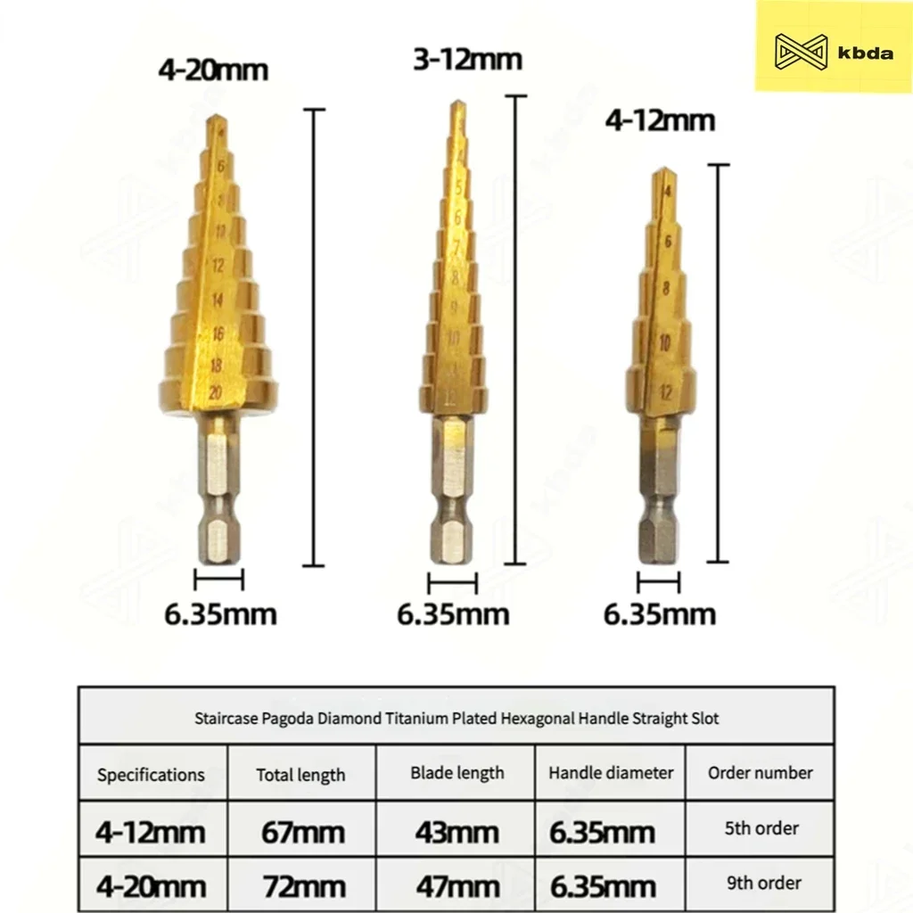 KBDA 3pcs/Set Step Drill Bit Metric Titanium Plated Hexagonal Shank 3-12/4-12/4-20 Small Three Piece Step Cone Drill Tool