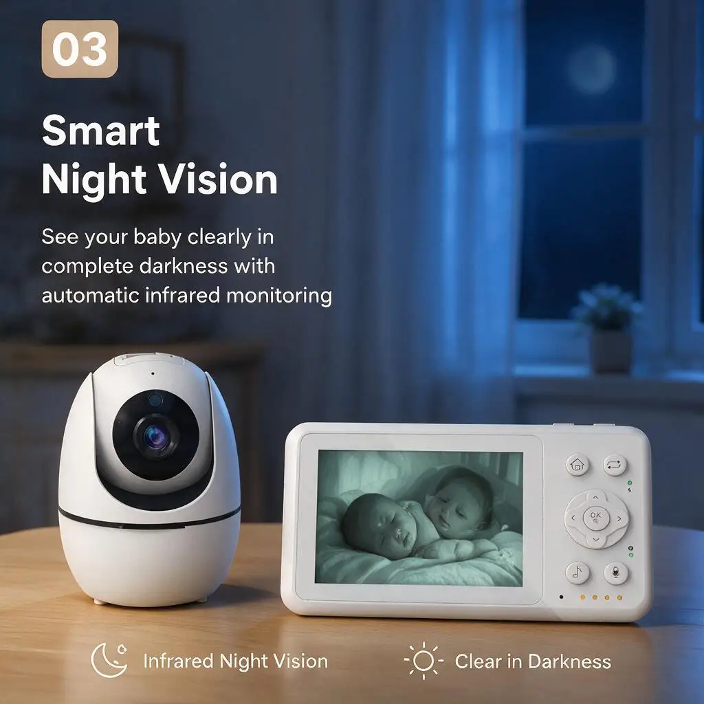 3.2 Inch Baby Monitor with PTZ Camera Zoom Temperature Sensor Lullaby 2 Way Audio Smart Baby Security Camera Feeding Reminder