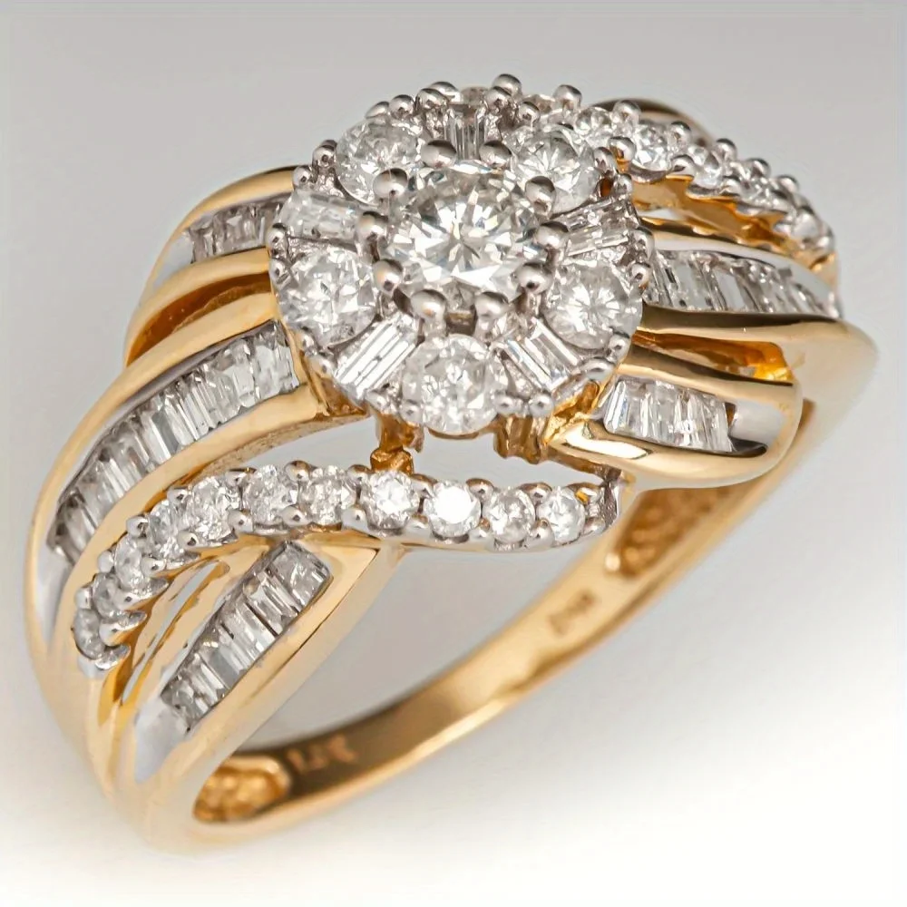 Luxuriöse, elegante, mit funkelndem synthetischem Zirkonia eingelegte goldene zeitlose Ringe für Frauen, Brautjubiläen, Modeschmuck, Geschenke
