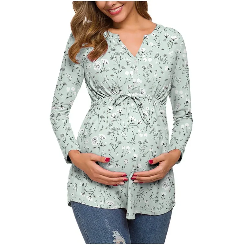 

Women's Spring Autumn Long-sleeved V-neck cotton Maternity Dress Comfortable Breathable Printed Nursing Top lactation Dress